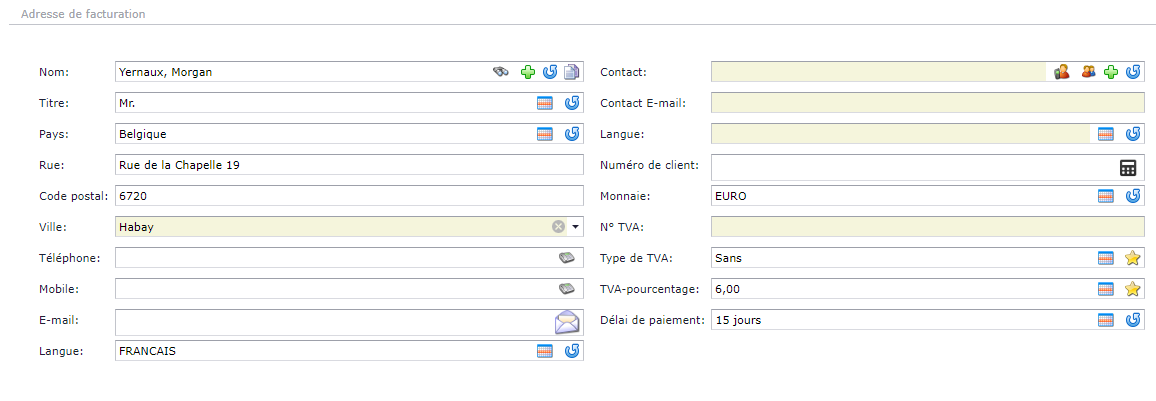 Si la relation est un nouveau client et qu'elle est égale à
l'adresse de facturation, appuyez sur le bouton "copier" à droite du
champ
"Nom".