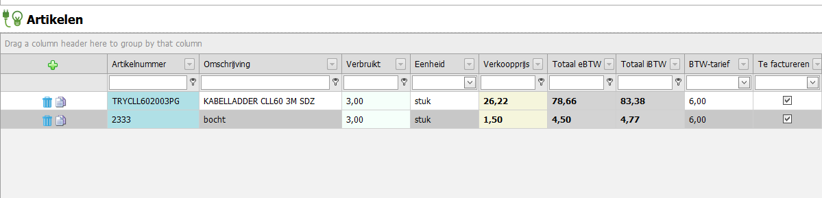 Ziehier een Werkbon voorzien van Artikelen uit de
prijslijsten: